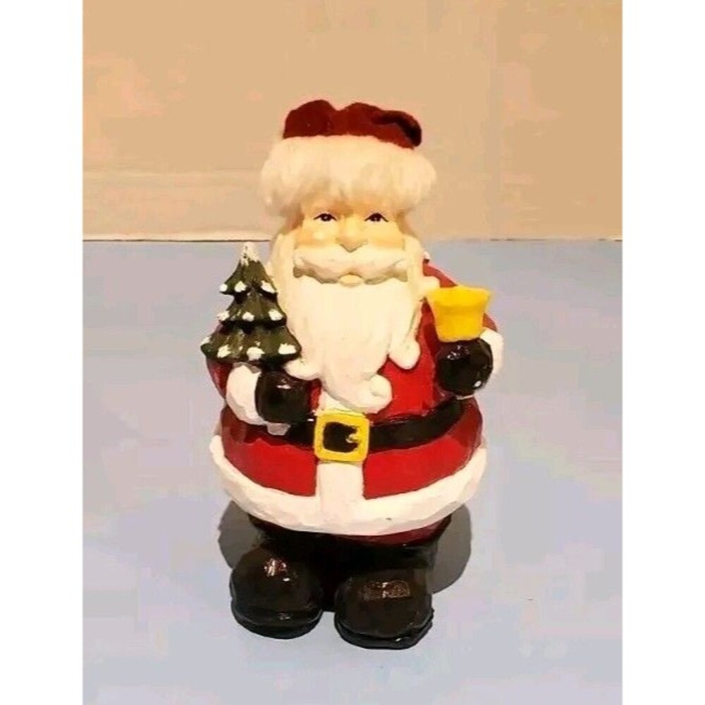 Santa Claus Ringing Yellow Bell & Christmas Tree Figurine W/ Fabric Cap On Head